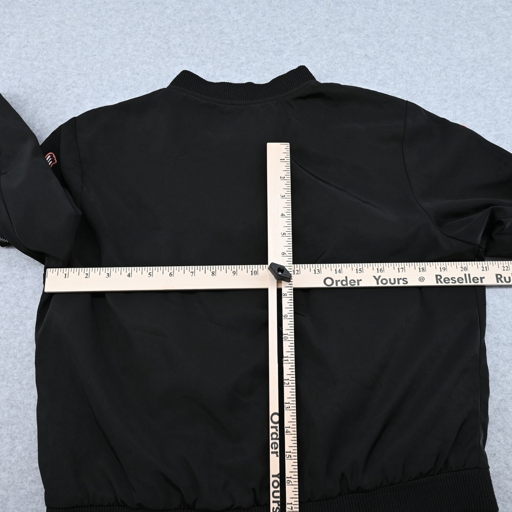 Joe Boxer Womens Black Bomber Jacket Patches Smiley Coffee Bossy Full Zip L - Picture 13 of 14